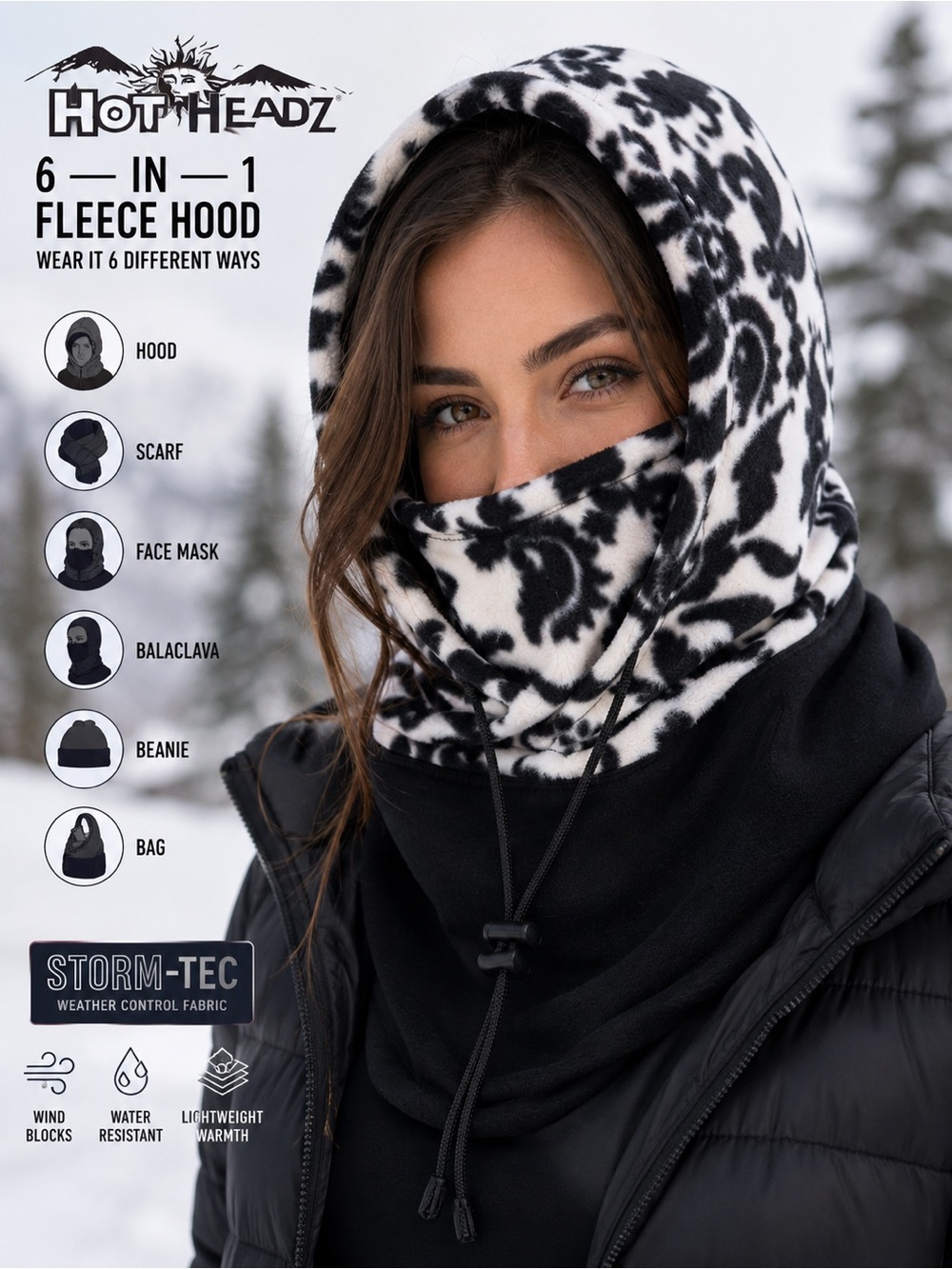 Hot Headz 6-in-1 Fleece Hood Scarf Face Mask Reversible Black White Damask NWT